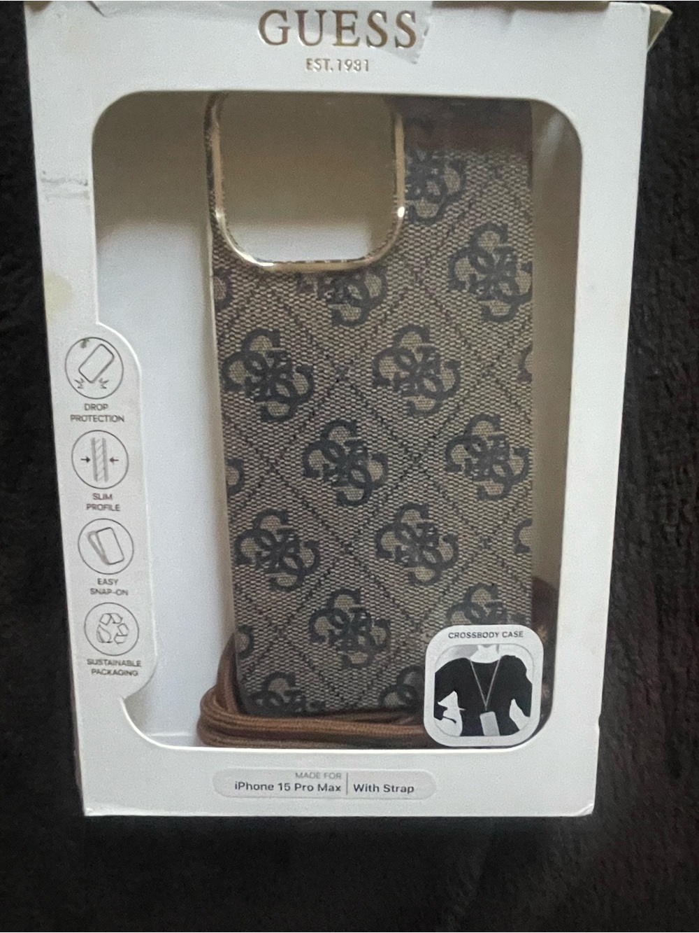 GUESS Monogram Crossbody Phone Case in Brown and Black with Strap